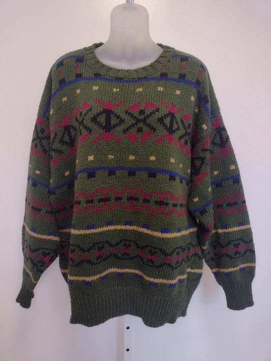 Vintage British Khaki Robert Lighton Mens Cotton Sweater L Taiwan Geometric Knit