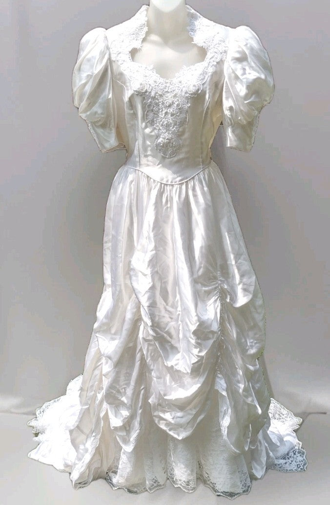 Vintage Alfred Angelo Wedding Gown Satin Lace Beaded Puff Sleeve Train USA 15/16