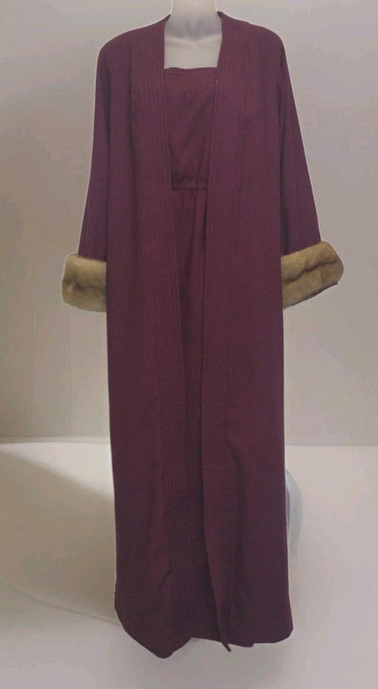 Vintage 60s Eggplant Wool Evening Coat & One‑Shoulder Gown Set w/ Mink Cuffs M