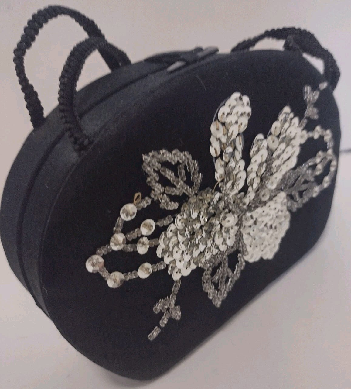 VTG 50s Black Satin Beaded Evening Bag Mirror Cocktail Formal Old Hollywood