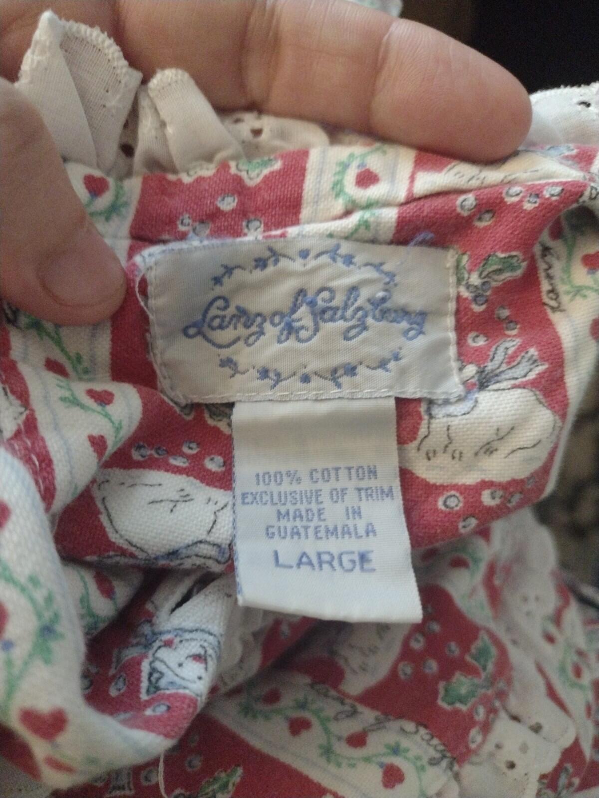 Vintage 80s Cotton Nightgown L Polar Bear Holly Print Lace Ruffle Long Sleeve
