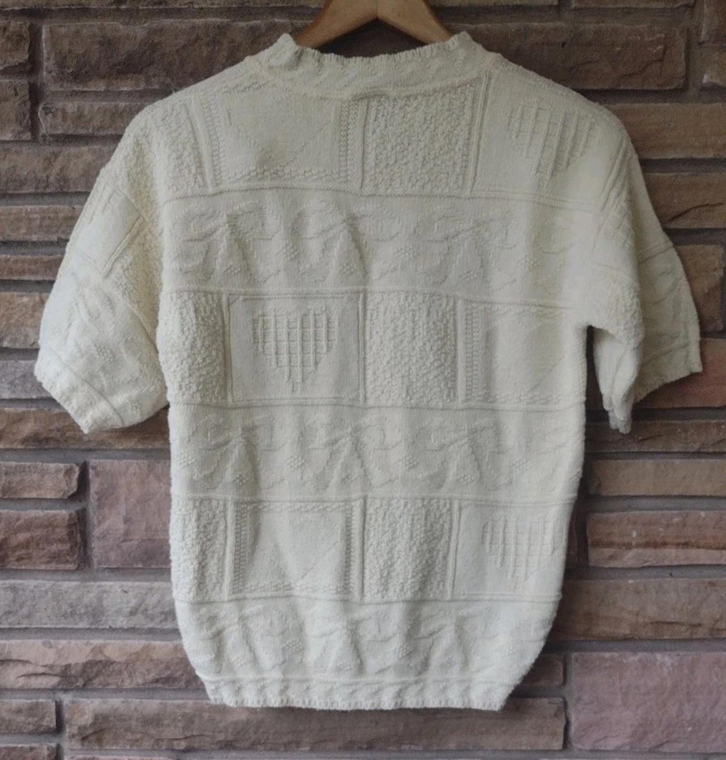 Vintage 90s TR Bentley Cotton Heart Knit Sweater Small Pale Yellow USA