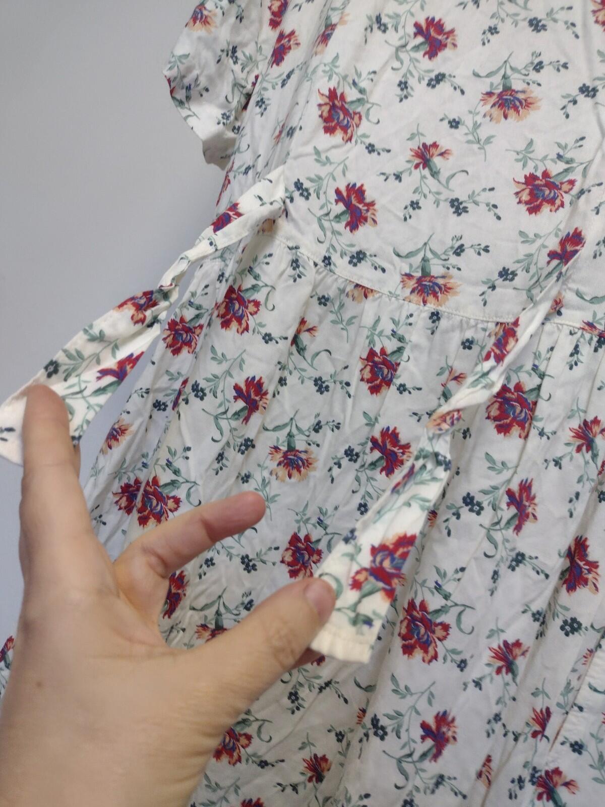 VTG L.L.Bean Floral Rayon Dress Petite 14 Made in USA Button Front Tie Back