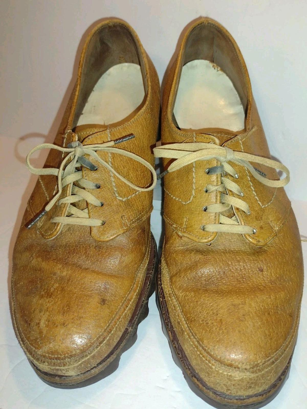 Vintage 60s Women’s Brown Leather Shoes Zigzag Sole Lace Up 10” Sz 7.5