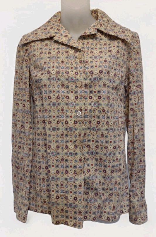 VTG 70s Handmade Calico Floral Pearlized Button Blouse M