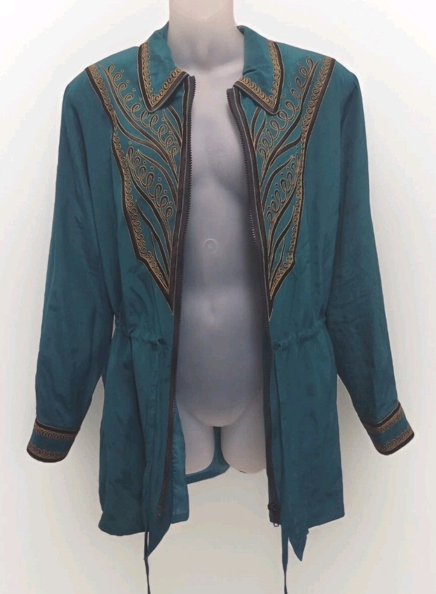 Bob Mackie Wearable Art Silk Jacket Embroidered Teal Western Boho Zip Medium