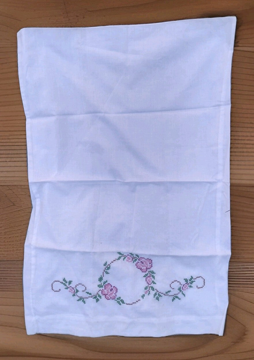 VTG 40s Pillowcases Floral Cross Stitch Embroidered Handmade Lace Doily Cottage