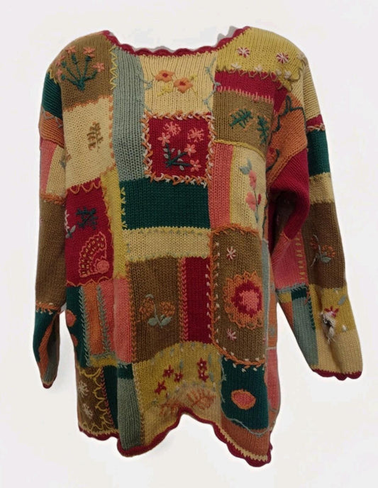 Vintage Reed Hunter Patchwork Floral Grandma Sweater M Hong Kong Hand Knit