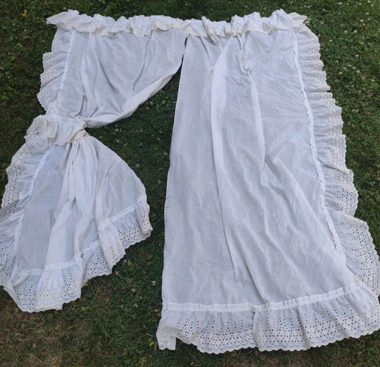 2 Pairs Eyelet Lace Ruffled Curtain Set 82" Cottagecore Farmhouse Panels VTG 50s
