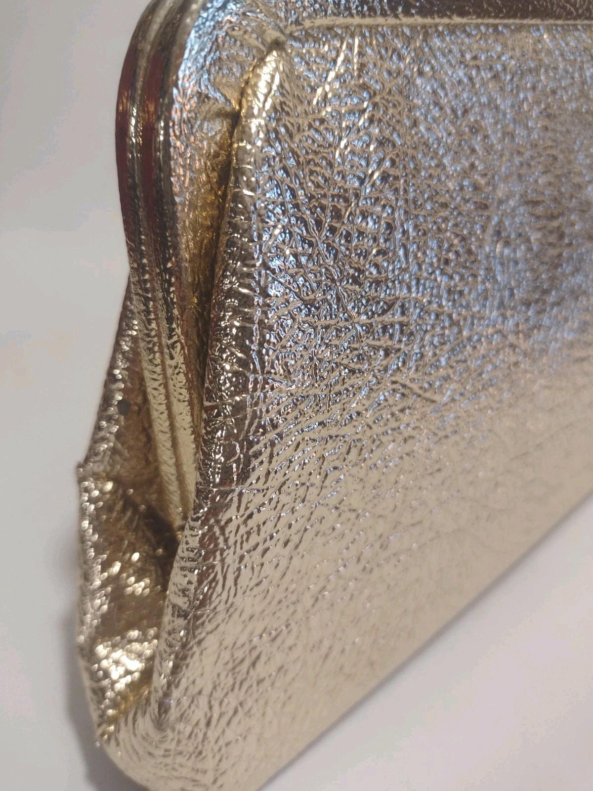 Vintage Gold Foil Faux Leather Clutch w/ Curved Clasp 70s Glam Bridal