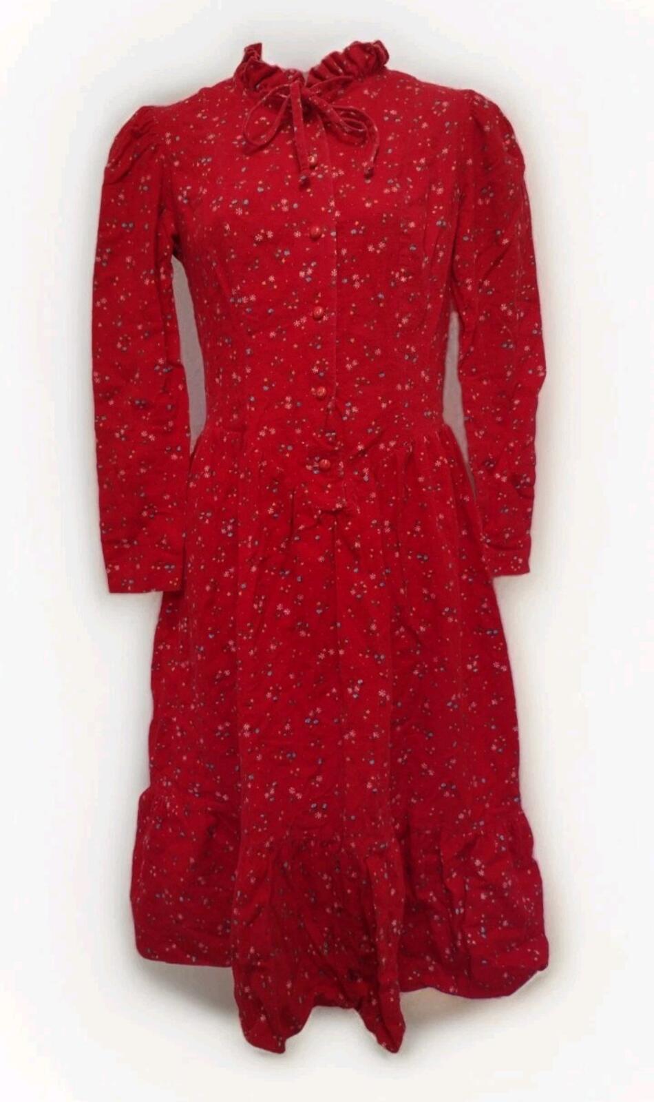 VTG 70s Avon Fashions Red Floral Prairie Dress flannel 7/8
