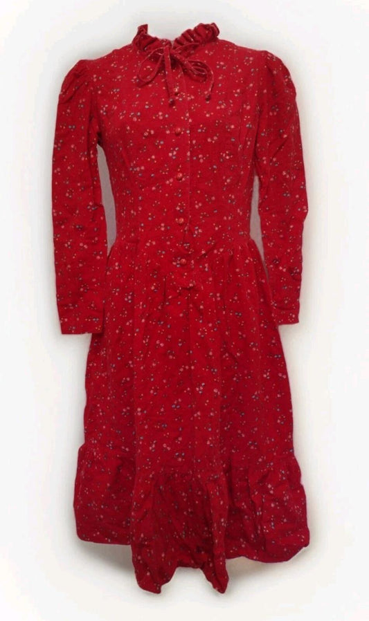 VTG 70s Avon Fashions Red Floral Prairie Dress flannel 7/8