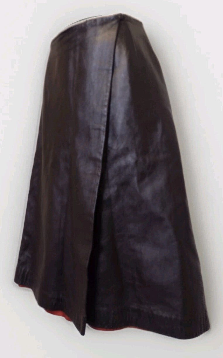 Vintage 70s Brown Leather Wrap Midi Skirt A-Line Boho Western Dark Academia