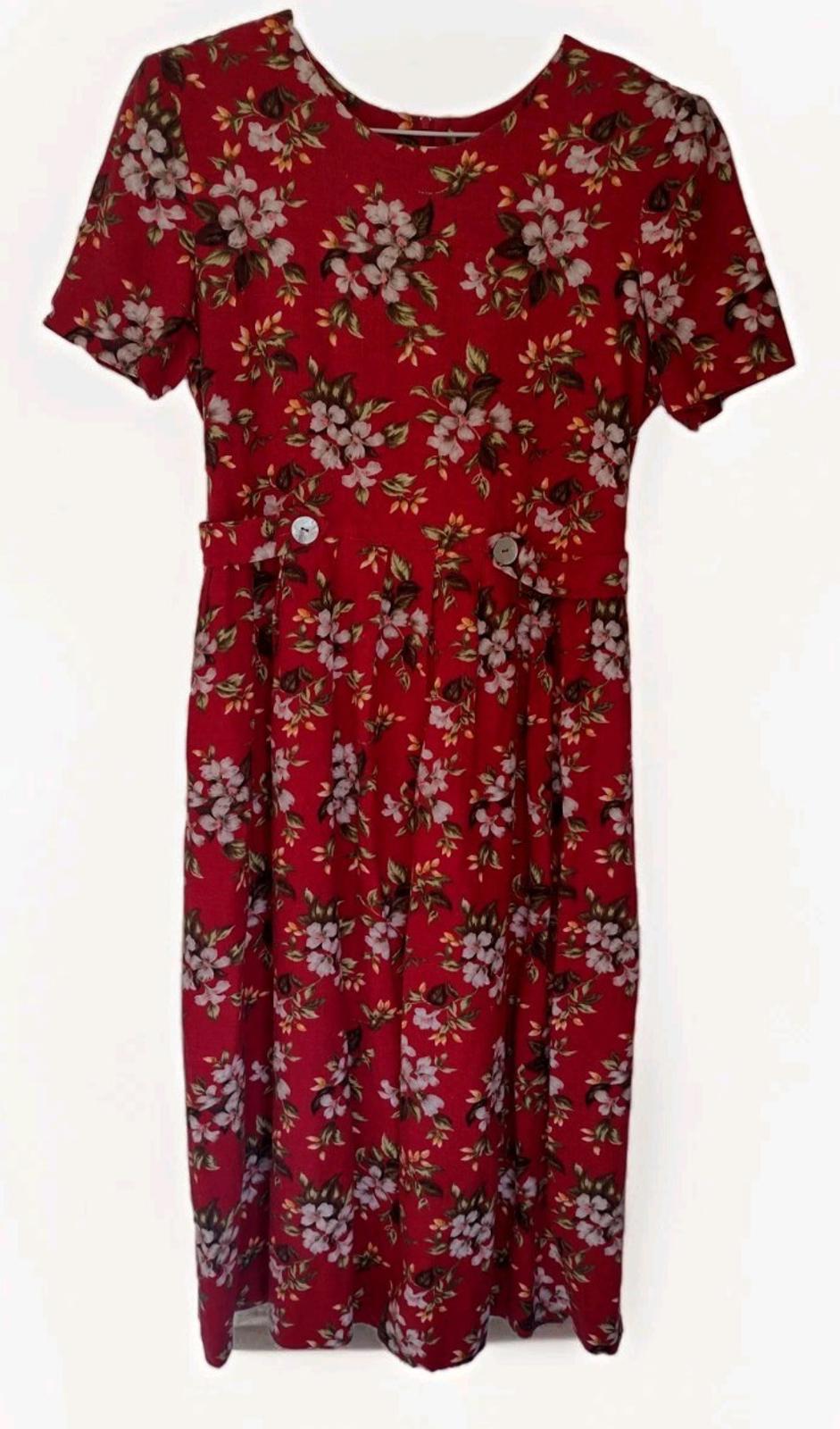 Vintage 80s Linen Blend Floral Midi Dress MOP Buttons Tie Back M