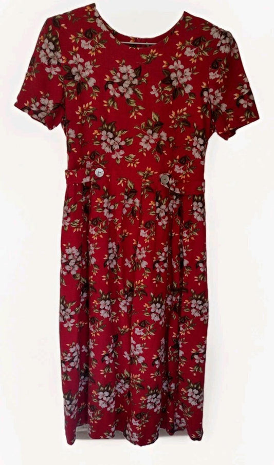 Vintage 80s Linen Blend Floral Midi Dress MOP Buttons Tie Back M