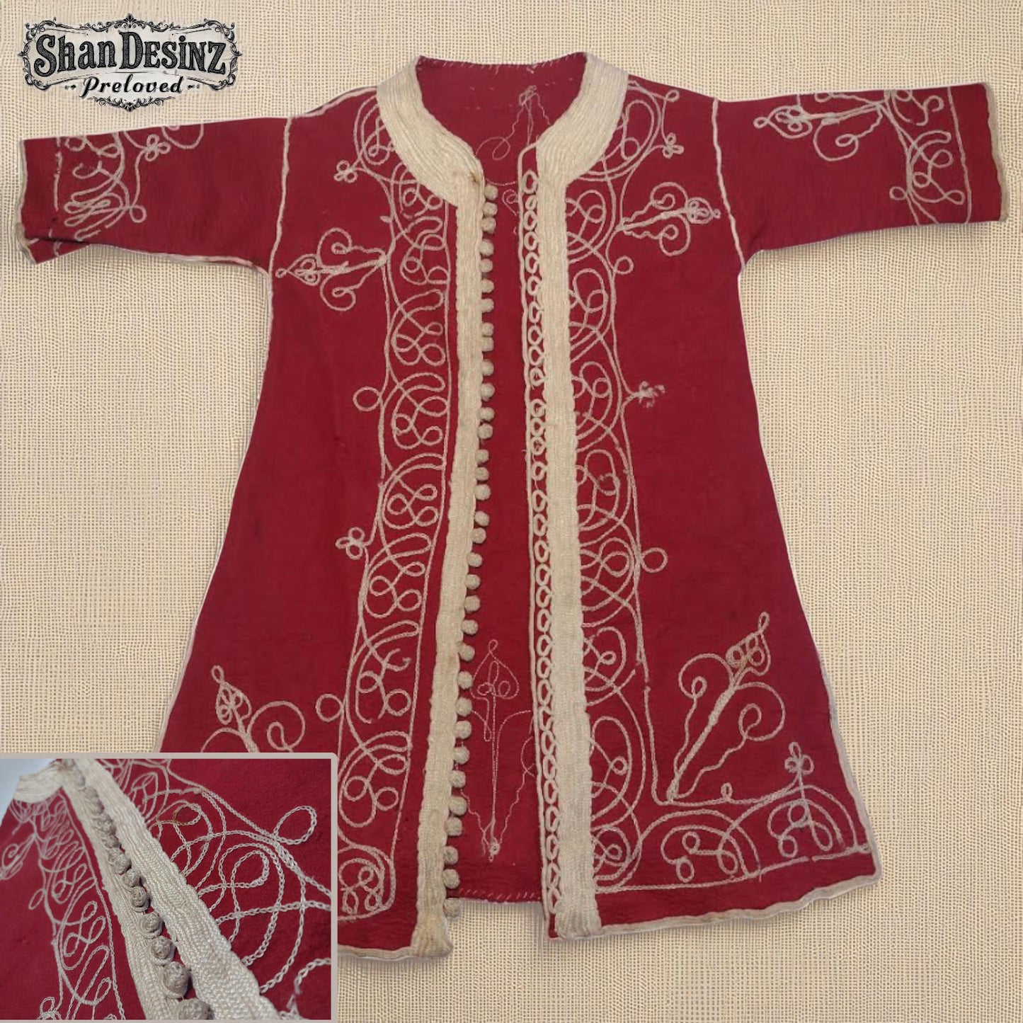 Antique Central Asian Child Chapan – Hand-Embroidered Felted Red Wool Robe