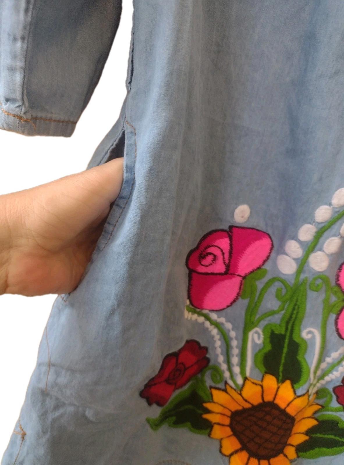 Vintage Denim Dress S/M Embroidered Sunflowers Roses Militaires Equipments