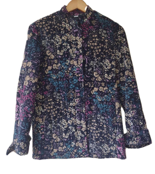 Vintage 80s Quilted Velvet Floral Jacket Toggle Buttons Mandarin Collar Lot 9/10