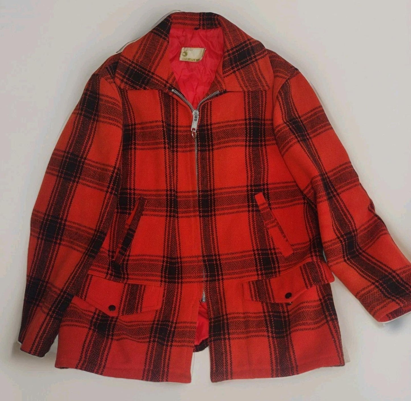 Vintage 60s JCPenney Wool Hunting Jacket Red Plaid Clark Zip Size 40 Game Pocket