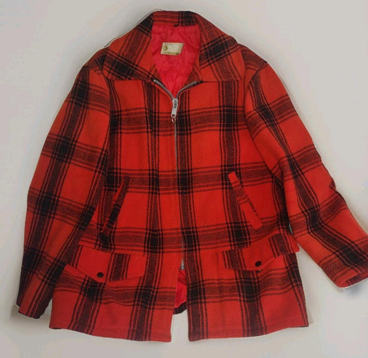 Vintage 60s JCPenney Wool Hunting Jacket Red Plaid Clark Zip Size 40 Game Pocket