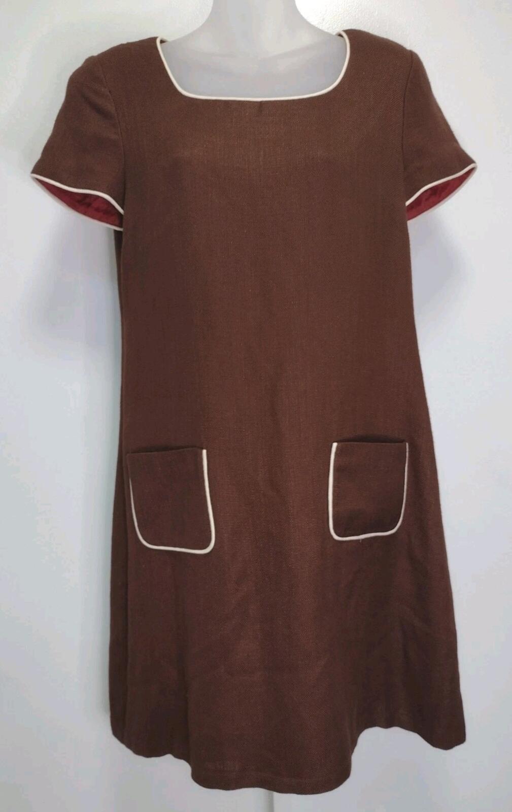 Vintage Donna Ricco Brown Woven Sheath Dress Size 10 Rayon Cotton Piped Pockets