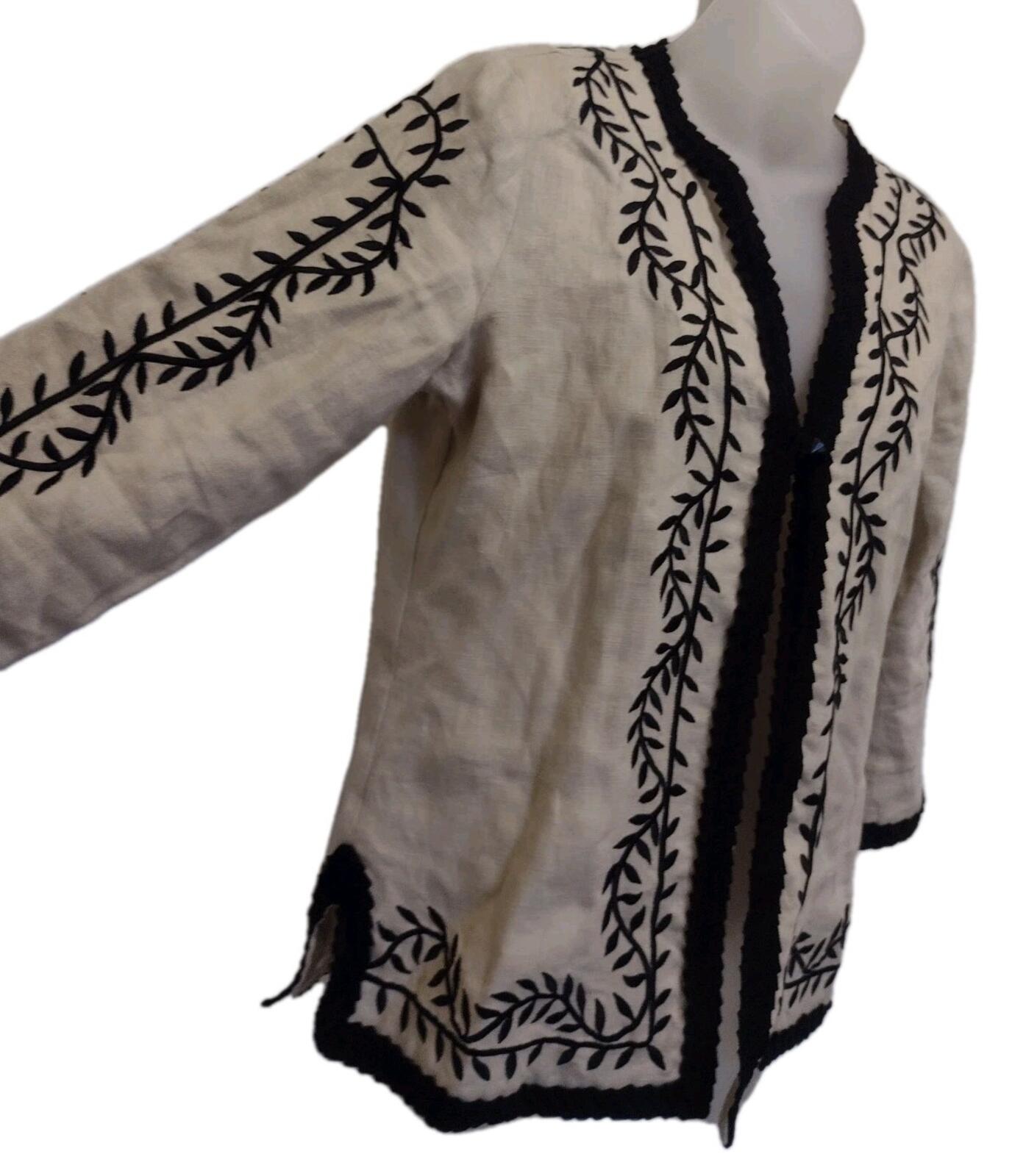Linea Louis Dell’Olio Linen Embroidered Jacket XS Black Trim Satin Lined