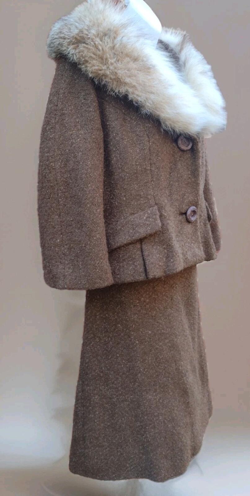 VTG 50s Zelinka Bouclé Wool Fox Fur Collar Coat Skirt Set Union Made Sz M