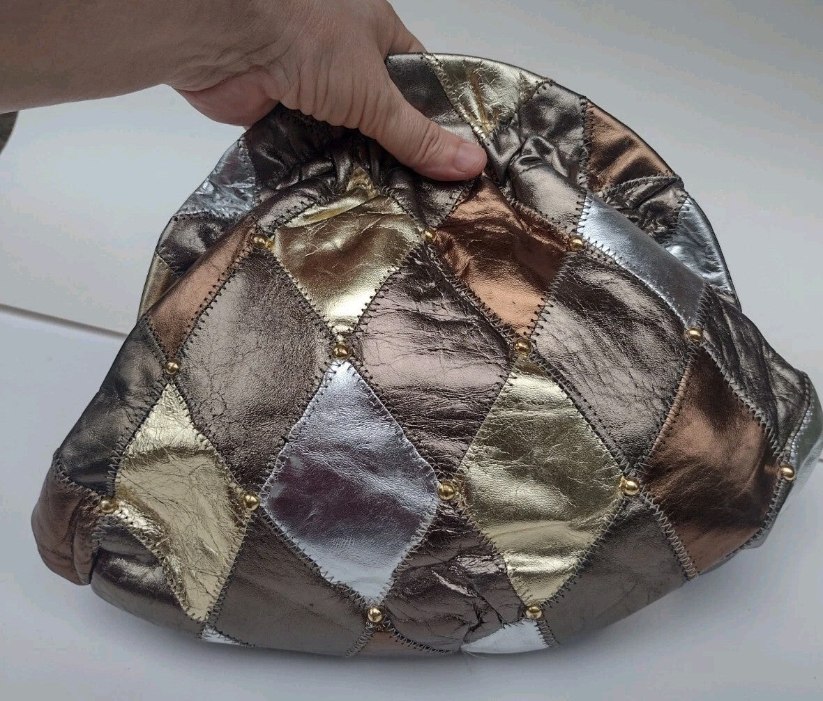 USA Leather Patchwork Frame Bag Vintage Metallic Clutch Purse Boho Disco Glam