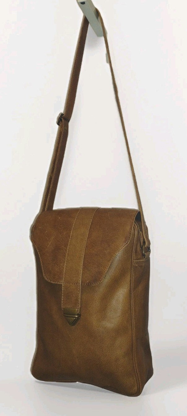 Vintage Leather Document Satchel Bag Brass Push Lock YKK Zipper Adjustable Strap