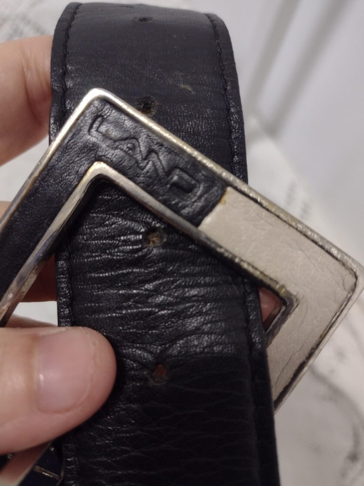 Vintage 70s LAND Leather Belt Black Soft Leather Silver Buckle Logo 32–36 In