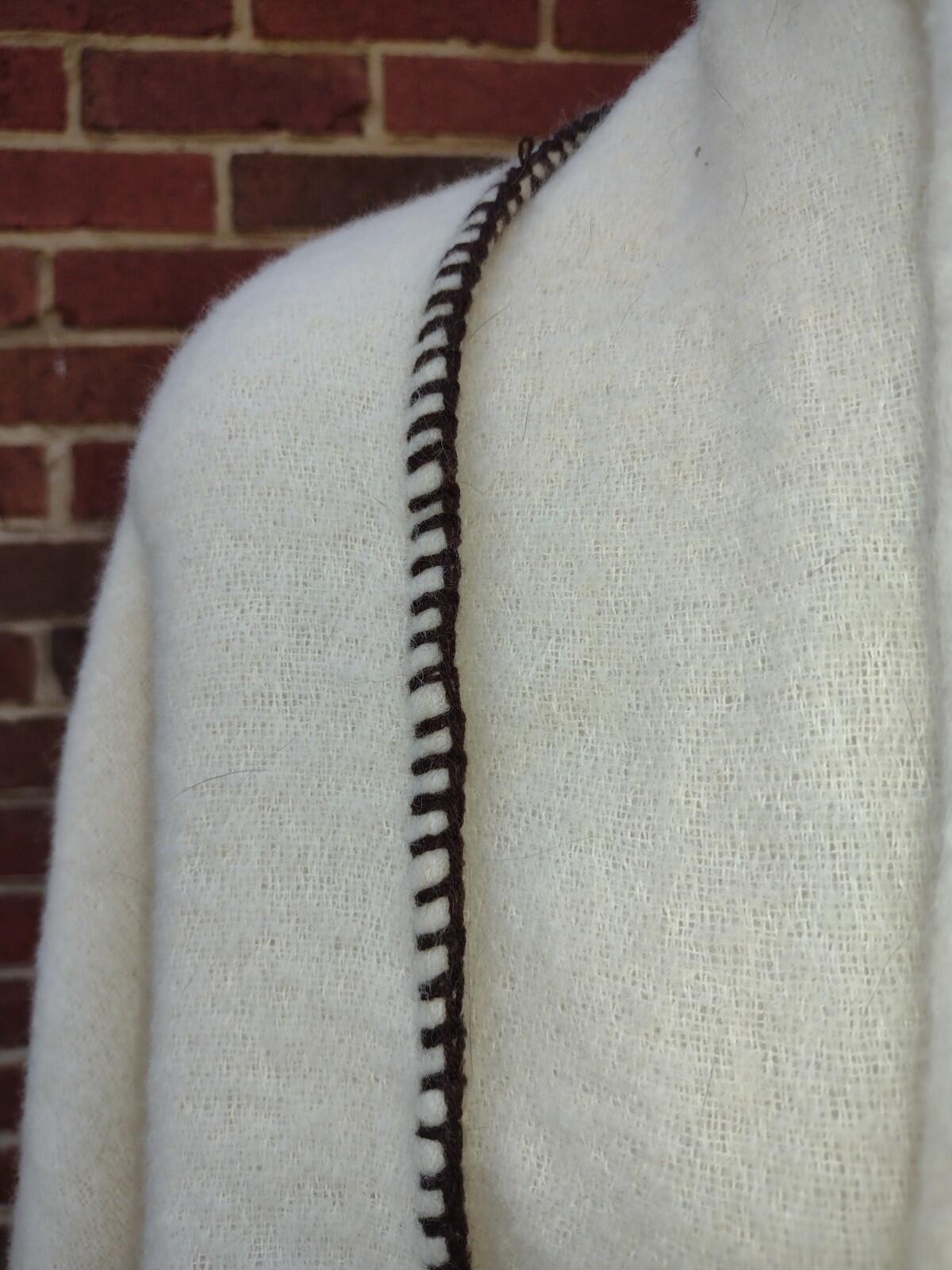 Zighilli Italian Wool Throw Cream Brown Stitch Fringe Rustic Farmhouse 76x52