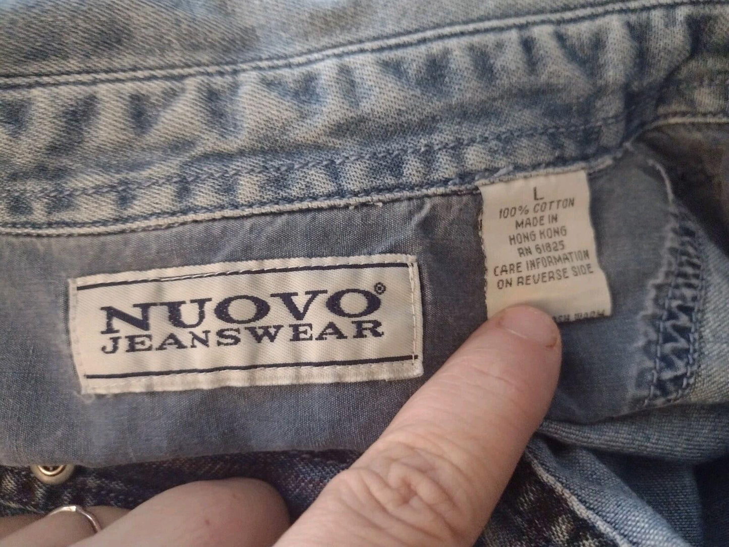 Vintage 90s Printed Plaid Denim Shirt Men’s L Grunge Double Denim Y2K Workwear