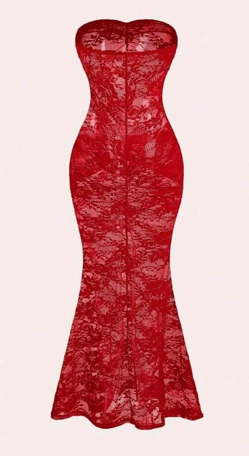 Red Stretch Lace Maxi Mermaid Dress Sheer Rear Shaping Sz L