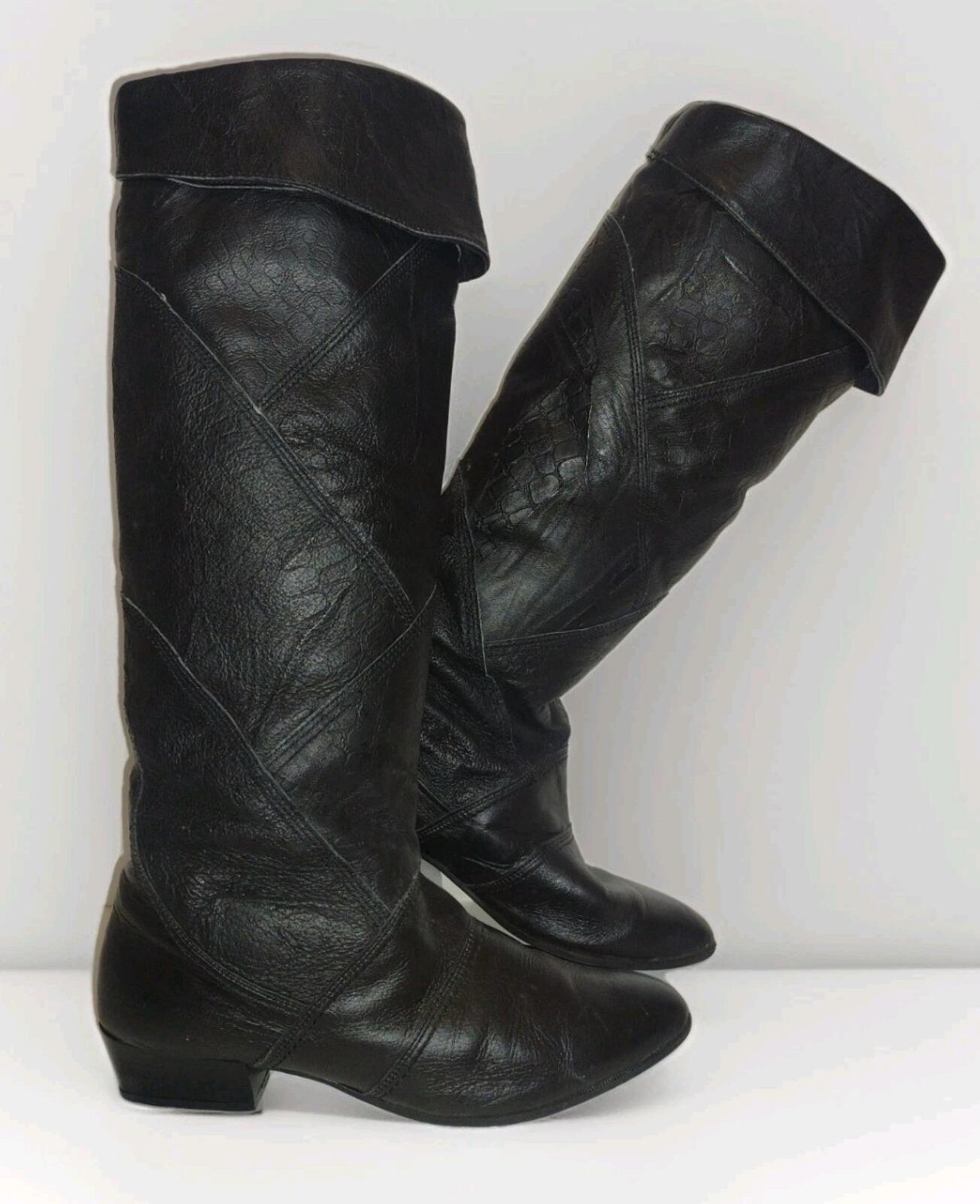 Vintage 70s Patchwork Leather Knee High Boots Faux Fur Lined Renaissance Sz 8