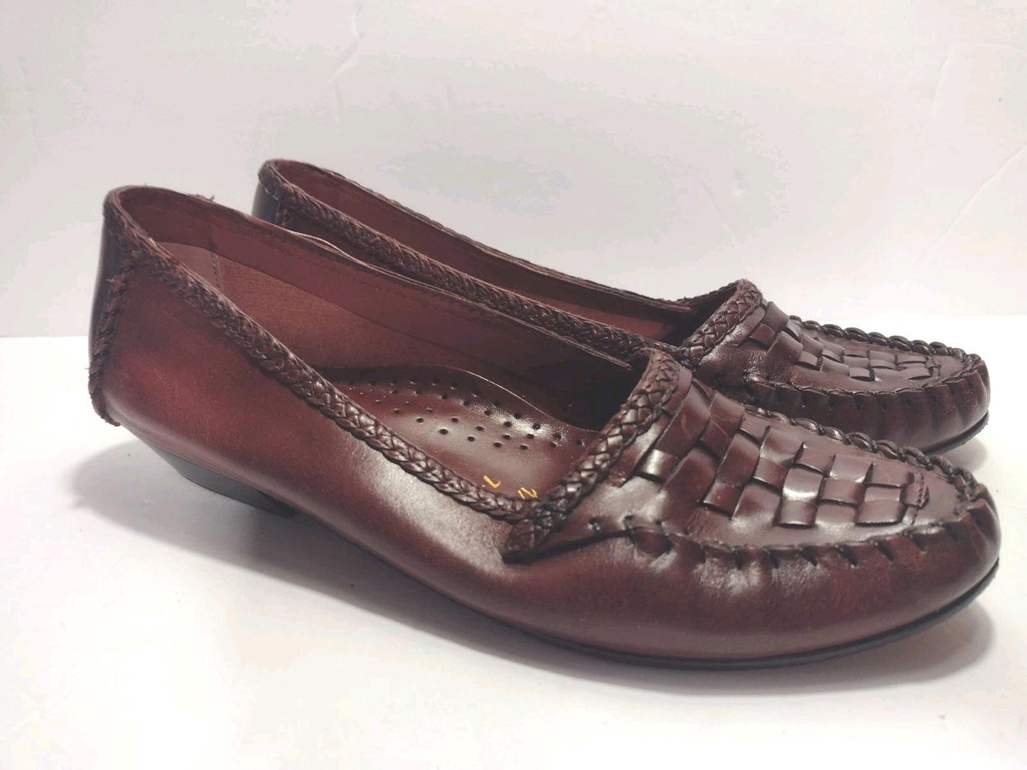VTG 80s Tempos Woven Leather Loafers 7N Brazil Burgundy Brown Slip On