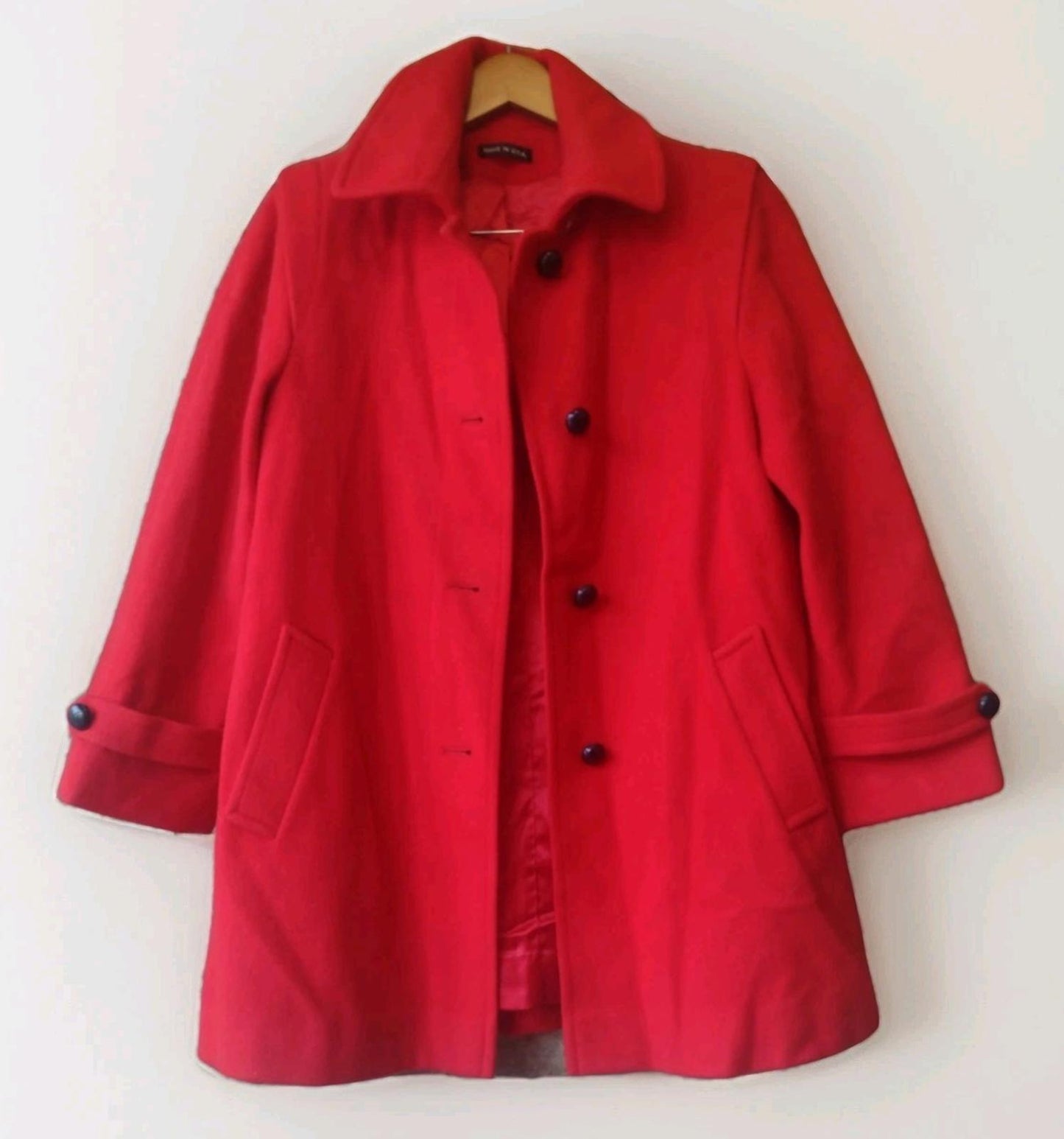 1970s Red Wool Single-Breasted Coat ILGWU Union Made USA Wool Satin Lined S/M -W