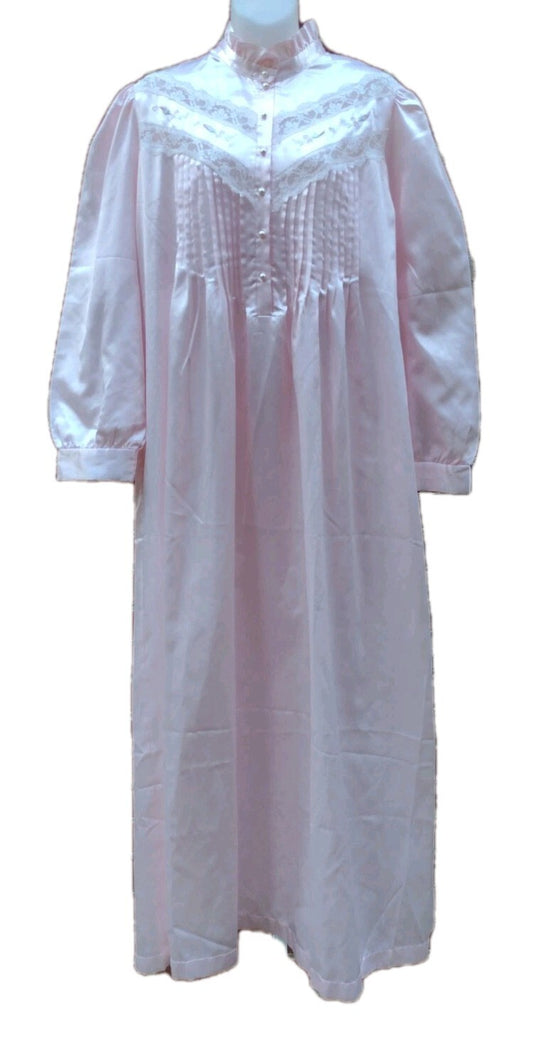 Nicole Pink Satin Nightgown M 90s Lace Embroidered Pintuck Victorian Cottagecore