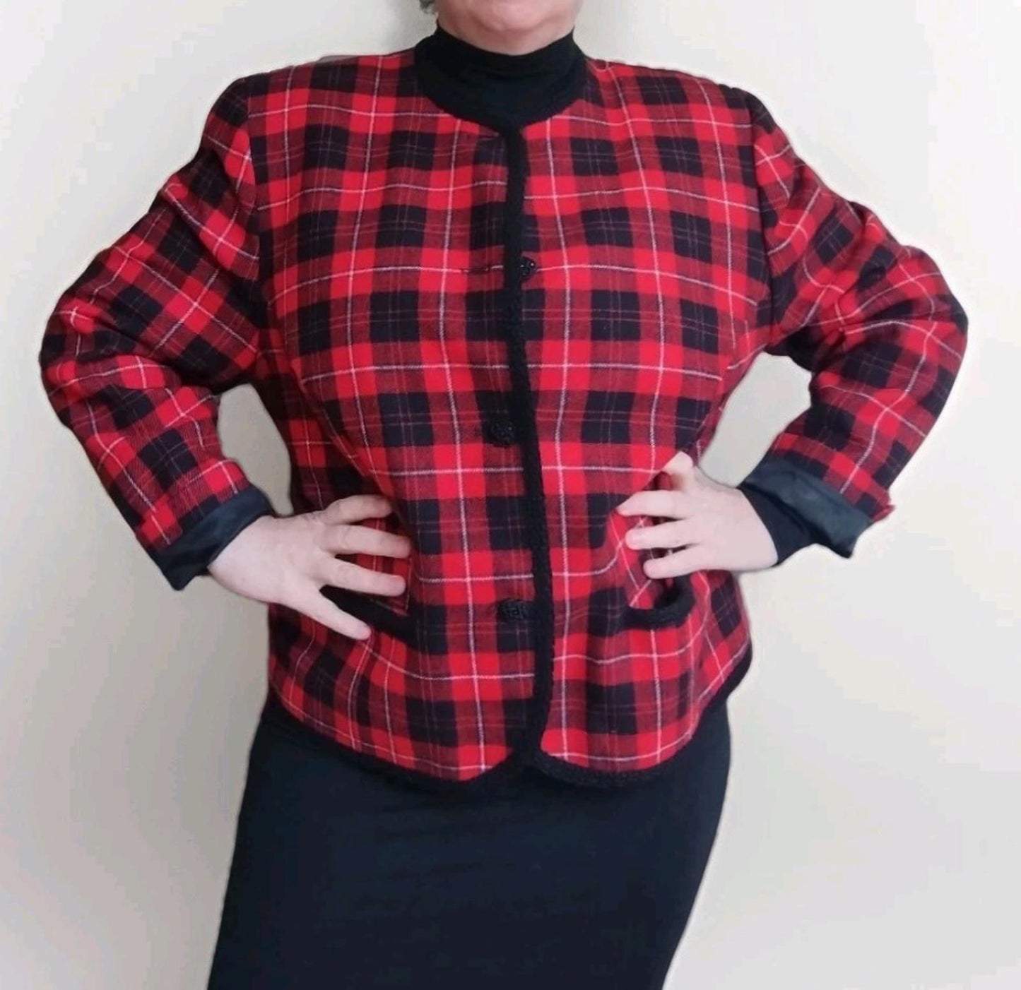 Vintage 60s Rare Pendleton Wool Jacket 18W Red Plaid Braided Trim Satin Lining