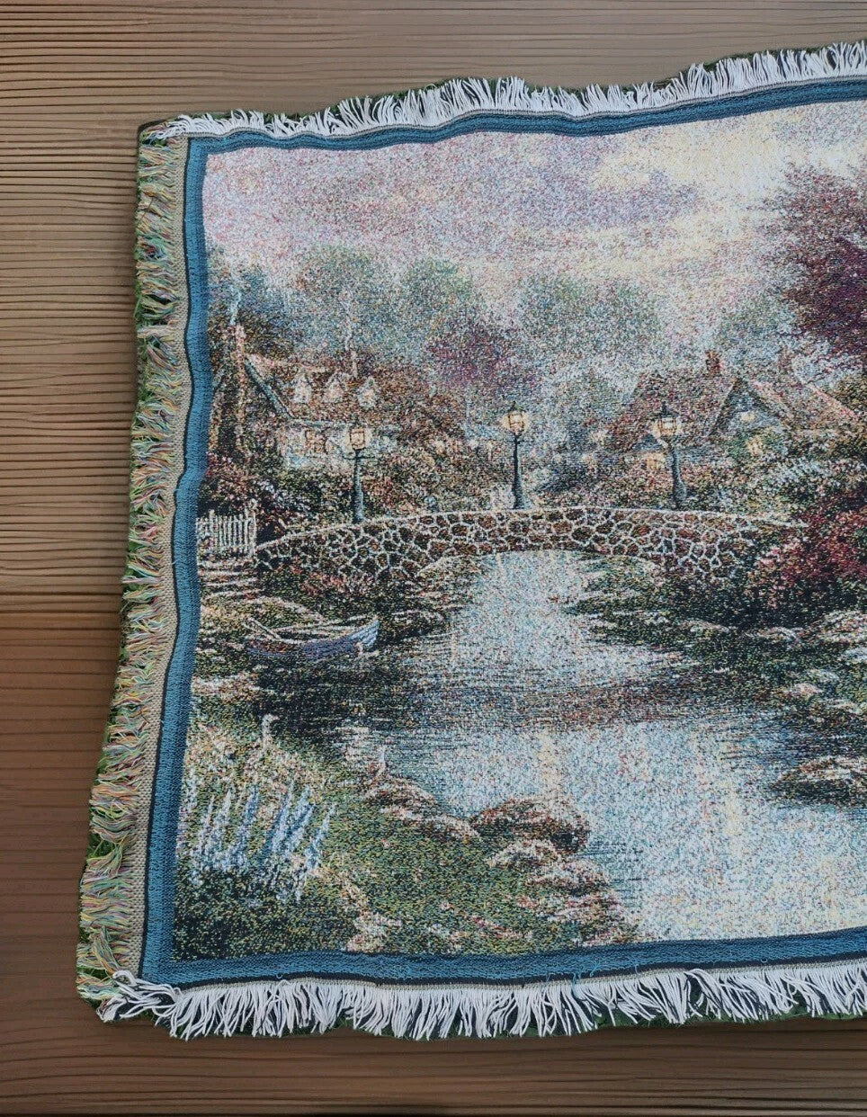 Thomas Kinkade Tapestry Throw Blanket Cottage Bridge Floral Cotton USA Licensed
