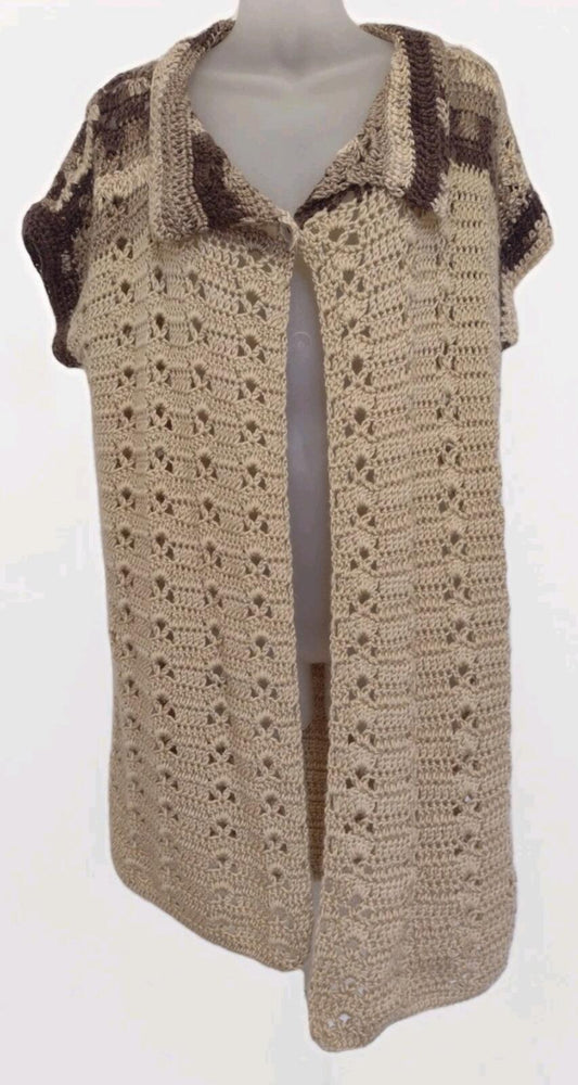 Vintage Handmade Crochet Vest Tunic L Open Weave Boho MOP Button Asymmetrical