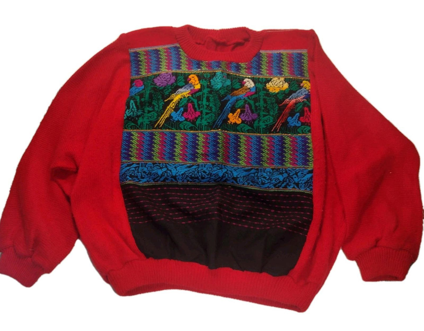 Vintage 80s Red Batwing Sweater Tapestry Parrot Panel Wool Blend Dolman L