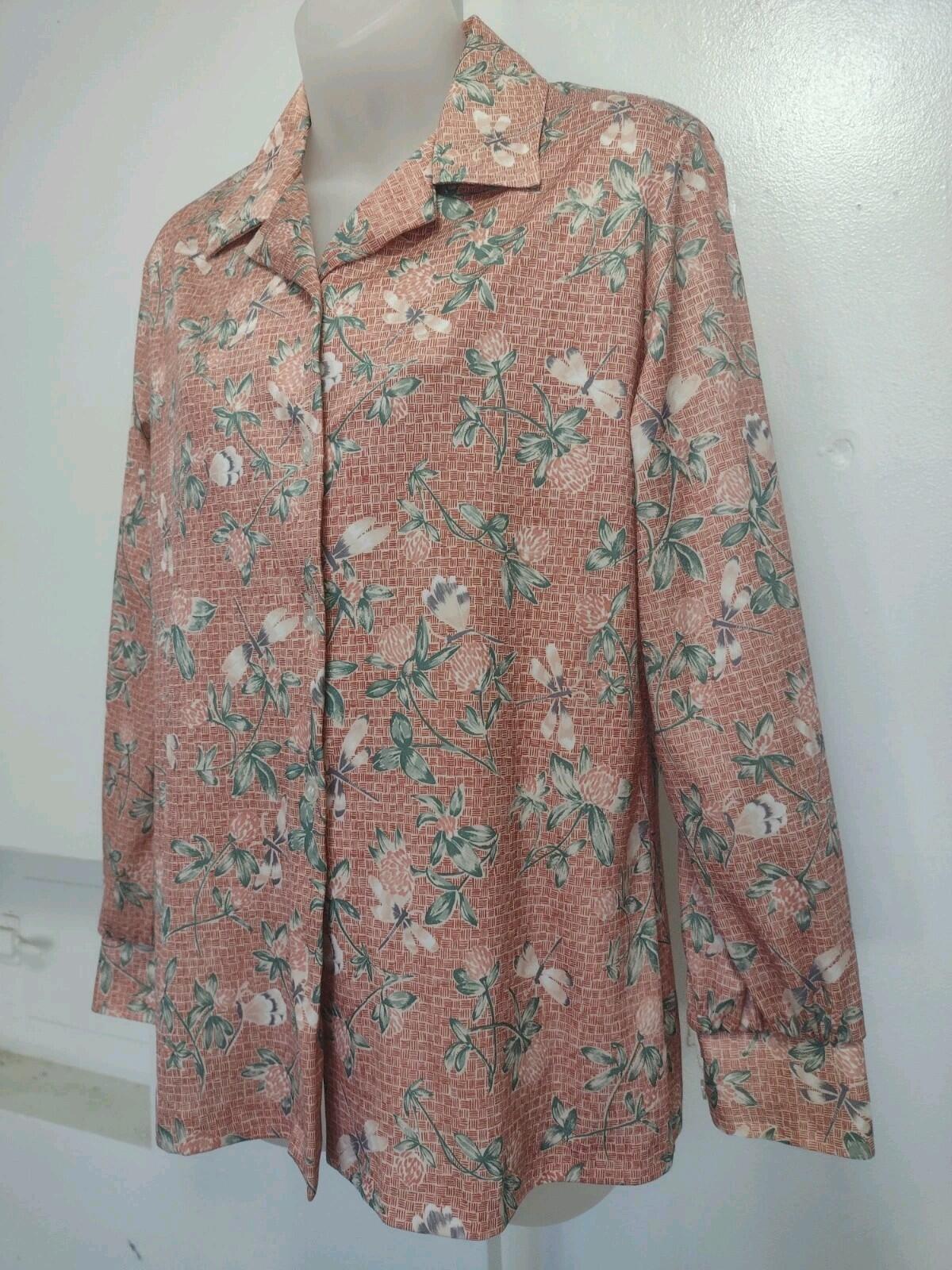 VTG 70s Fire Islander Floral Blouse 11/12 Coral Green Taiwan ROC Button Front