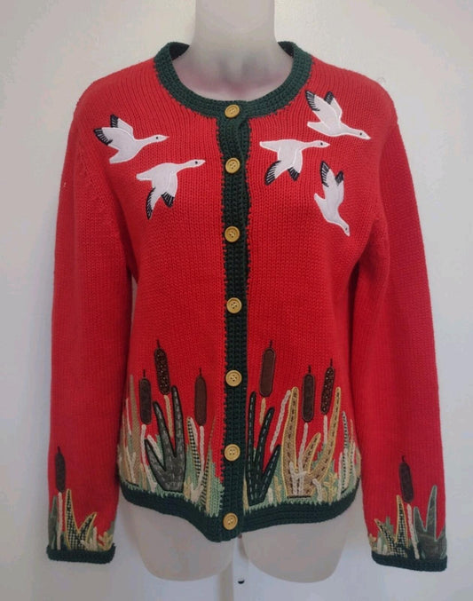 Orvis Ramie Cotton Duck Marsh Scene Sweater XS Wood Buttons Embroidered