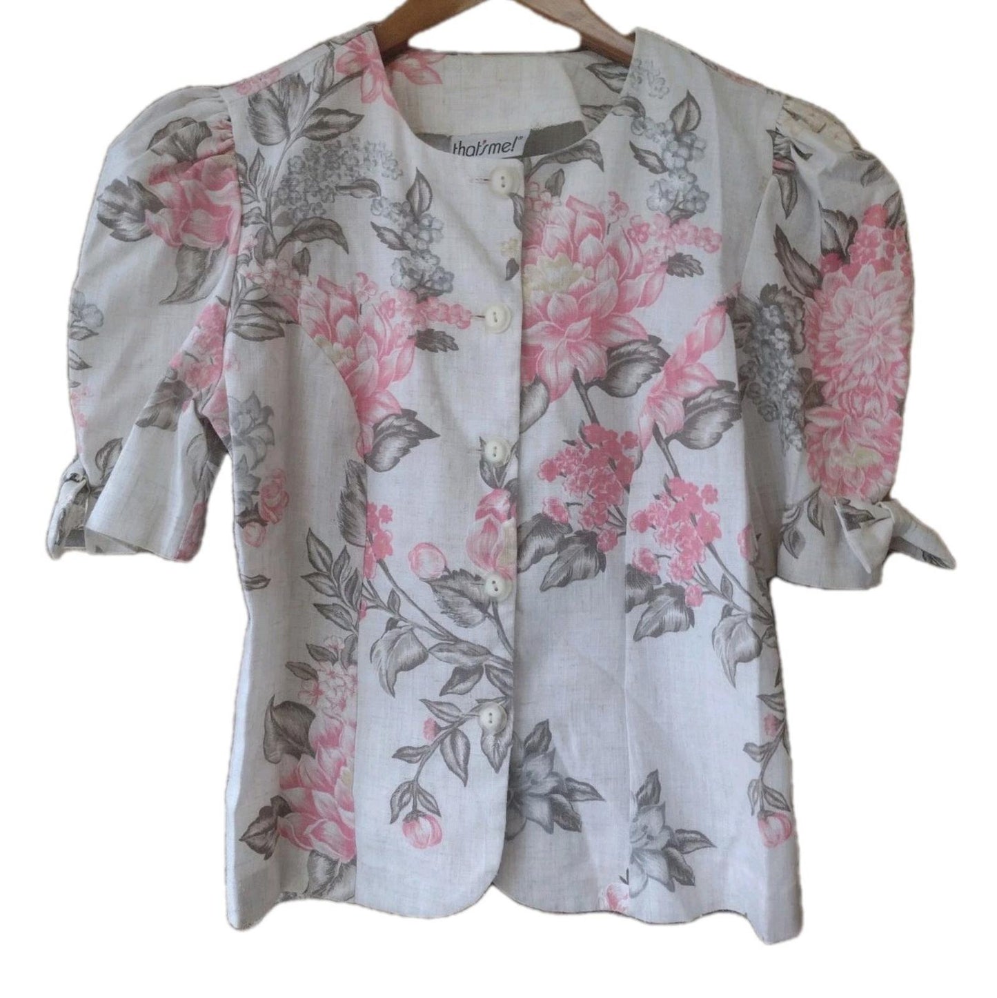 VTG 80s Cropped Floral Jacket Button Front Top Puff Sleeves Bow Flax Blend 3/4
