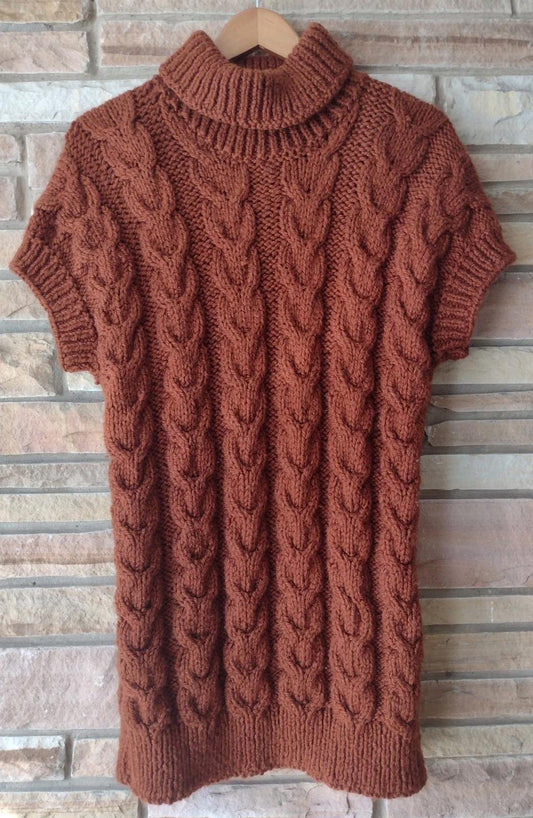 🧶Chunky Hand Knit Cable Turtleneck Vest / Tunic Mahogany Brown Sz L