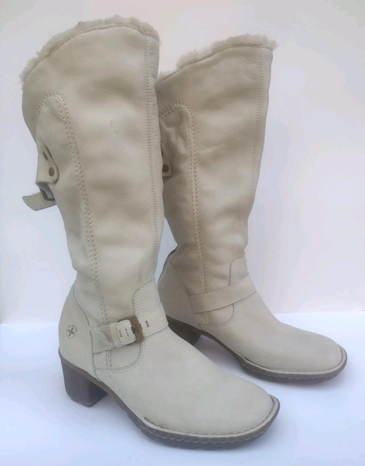 Dr Martens 11696 Tall Moto Engineer Shearling Boots Cream Leather US 10