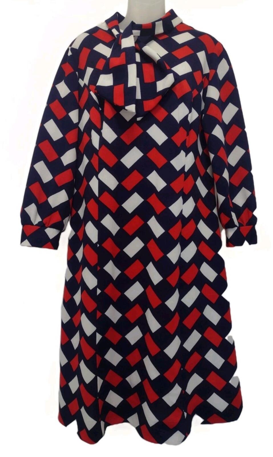 VTG 70s Gracie Square Geo Print Polyester Dress XL Tie Neck