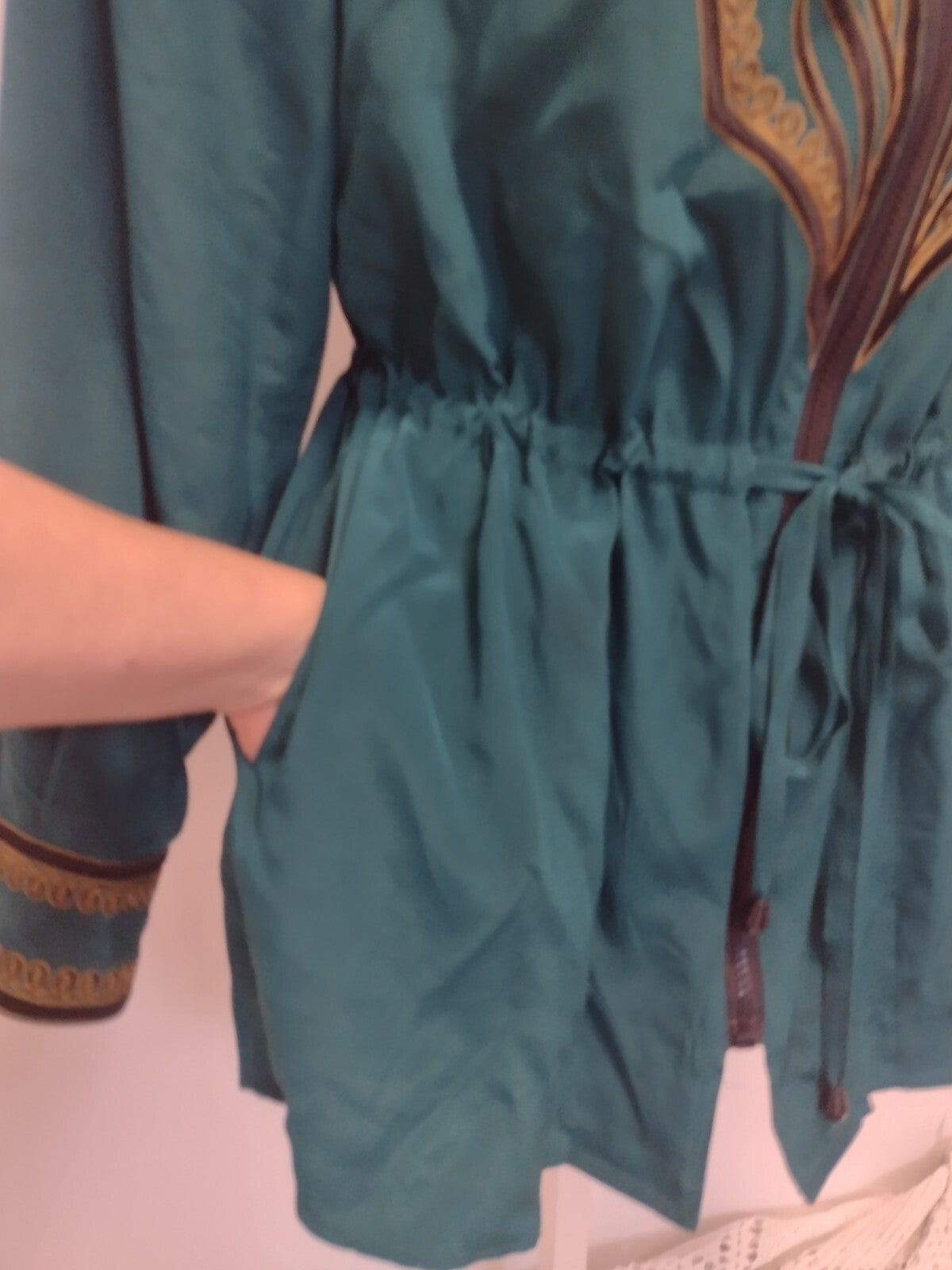 Bob Mackie Wearable Art Silk Jacket Embroidered Teal Western Boho Zip Medium