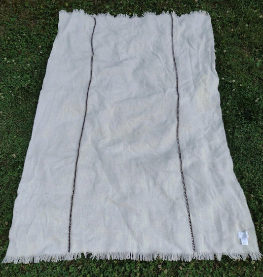 Zighilli Italian Wool Throw Cream Brown Stitch Fringe Rustic Farmhouse 76x52