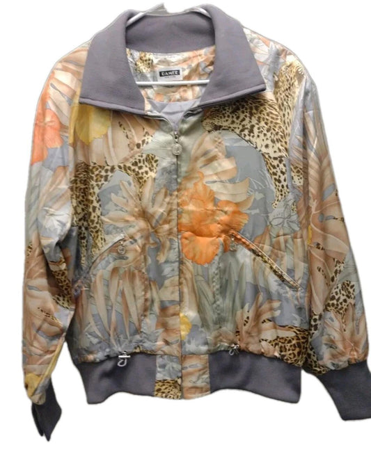 Vintage Damee NY Satin Bomber Jacket Cheetah  Zip-Up Art To Wear Sz M